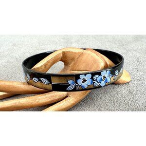 Vintage MICHAELA FREY Floral ENAMEL BANGLE BRACELET Blue Gold Black White 7.5"